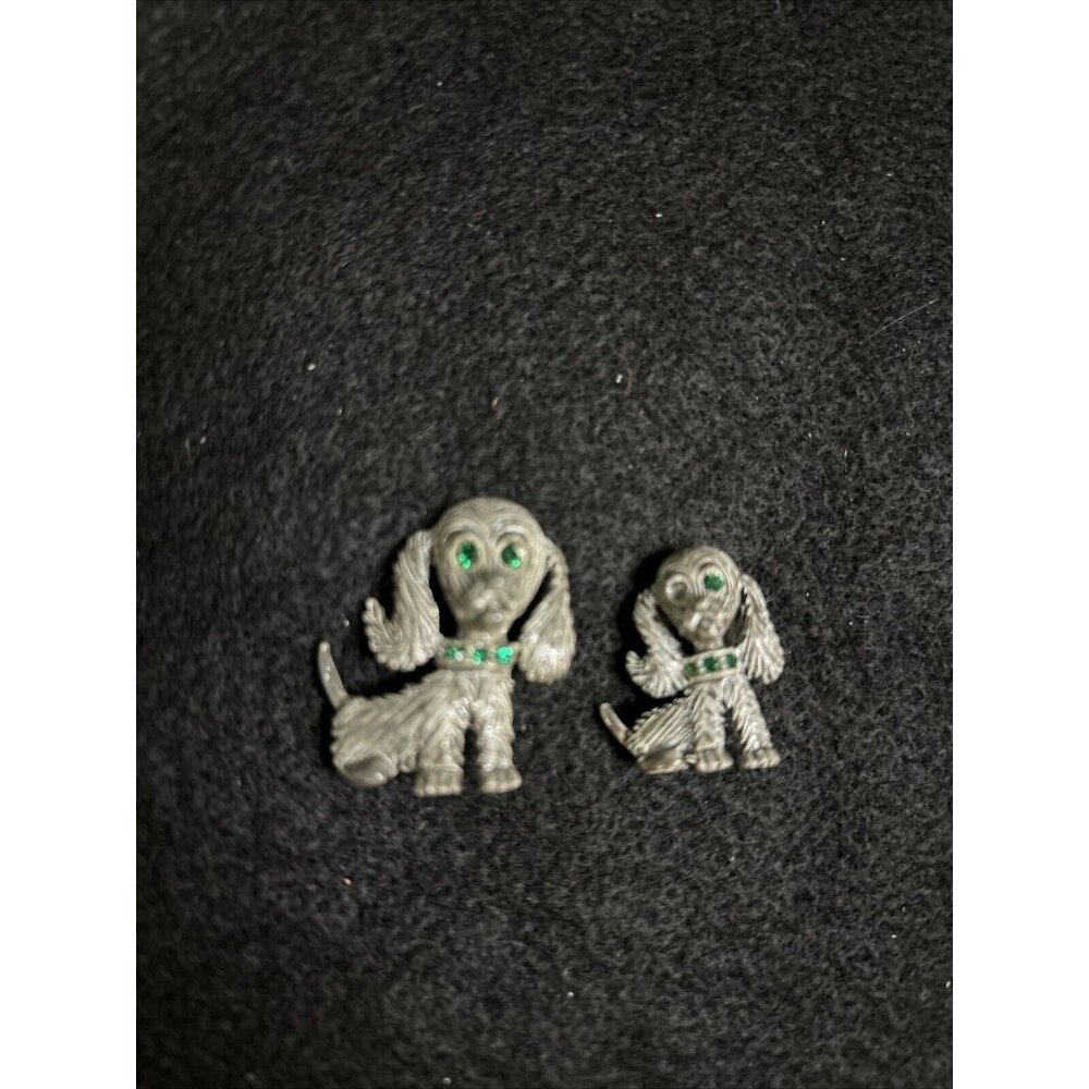 Vintage Gerrys Gray  Puppy Dog Set of 2 Green Rhinestone Pins Brooch